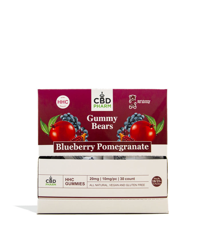 30pk Blueberry Pomegranate CBD Pharm 20mg HHC Gummies on white studio background