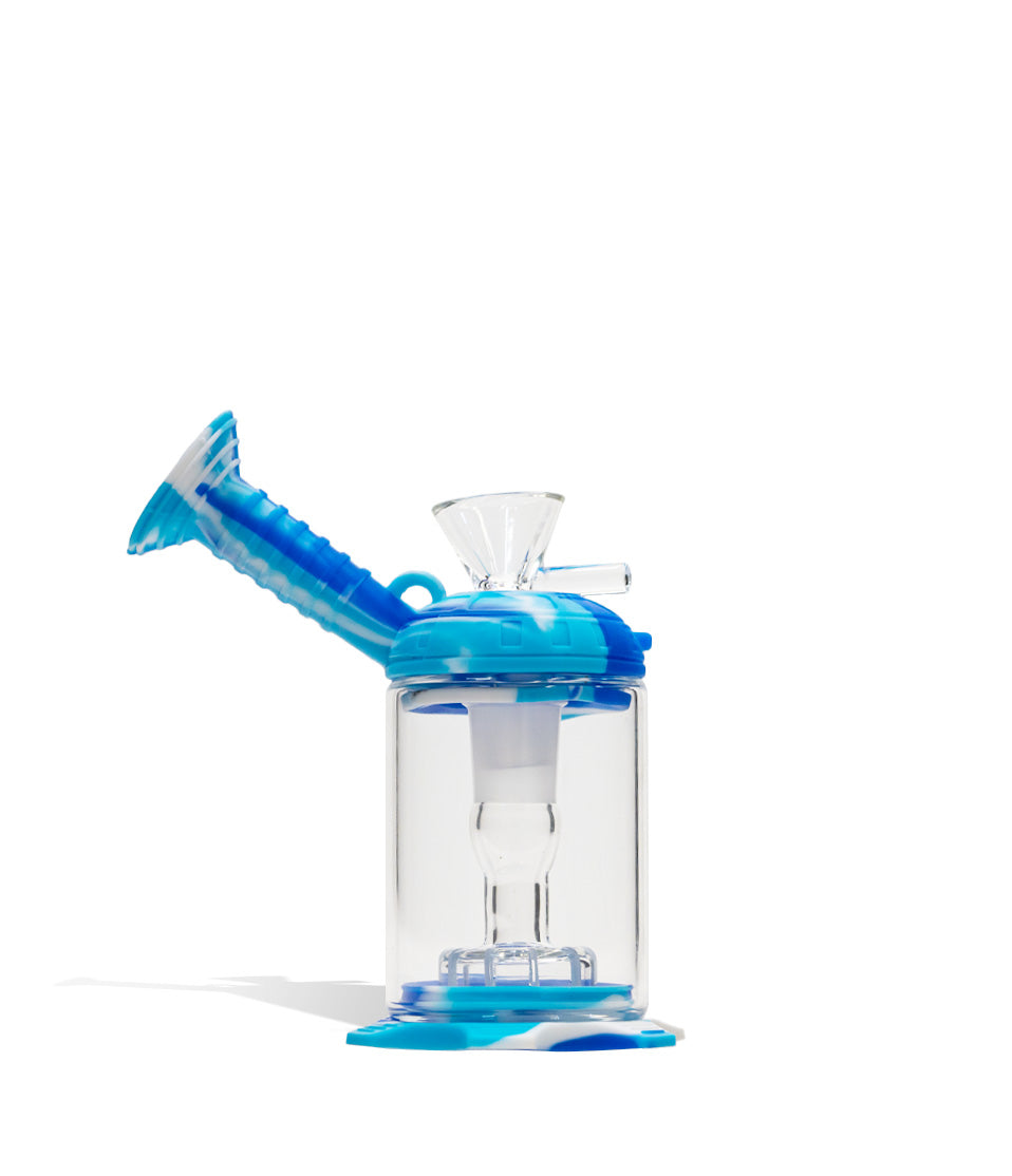 Blue 4 inch Silicone Oil Rig with Glass Perc on white studio background