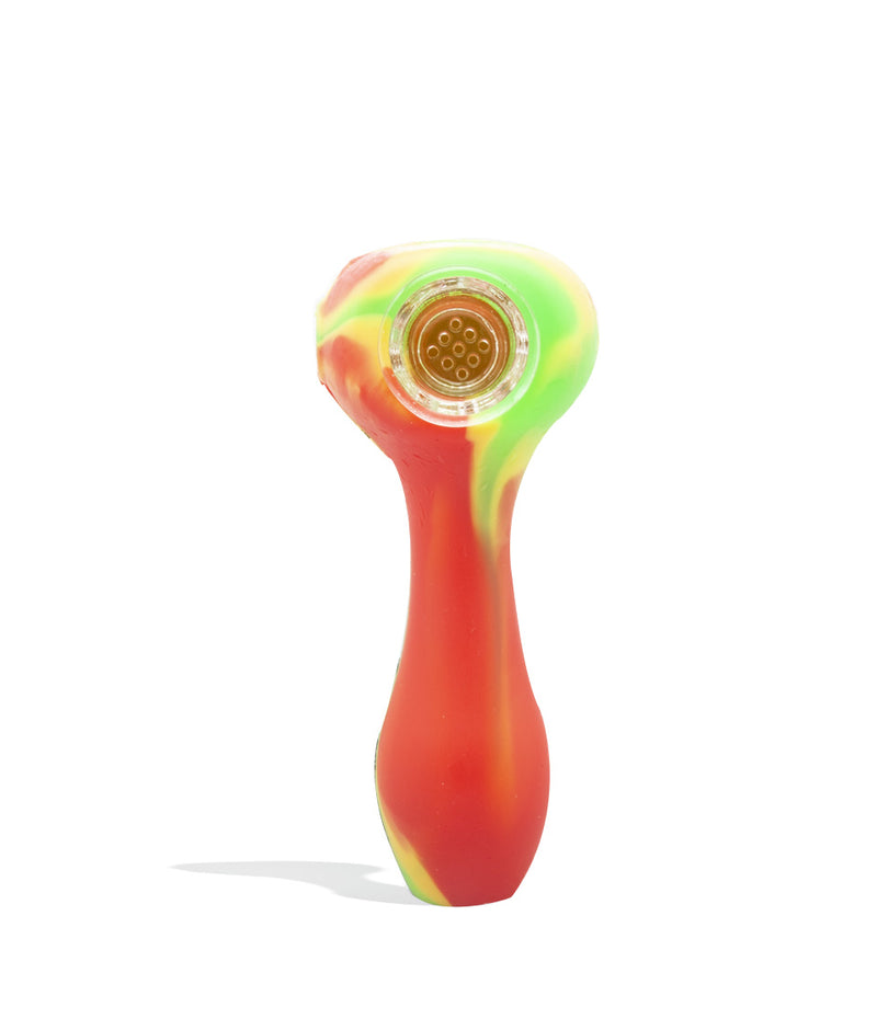 Red/Green/Yellow 5 inch Silicone Hand Pipe with Glass Bowl on white background
