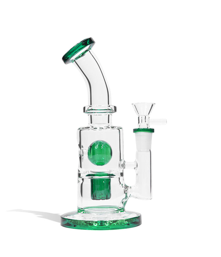 Green 8 Inch Water Pipe with Matching Mouthpiece, Base, and Percs on white studio background