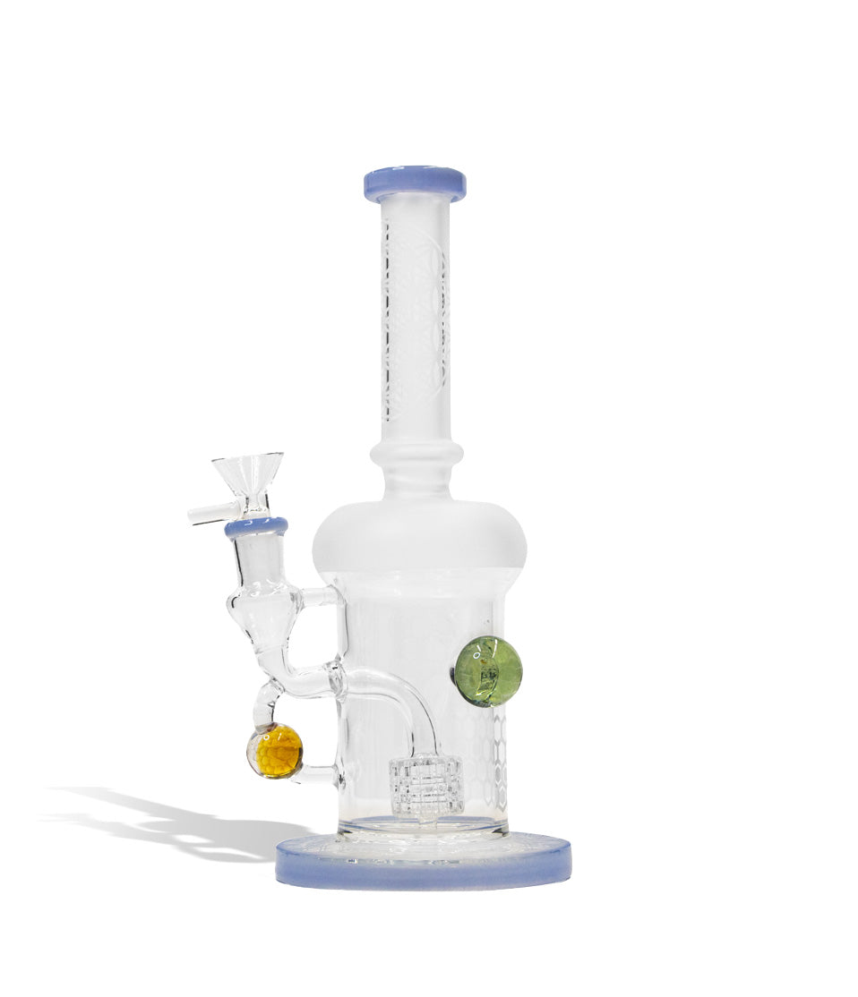 Milky Blue 9 inch water pipe with honey comb perc and 14mm funnel bowl on white studio background