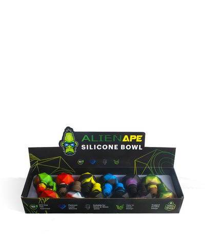 Package open Alien Ape Silicone Bowl with Glass Insert 14mm/18mm 12pk on white background