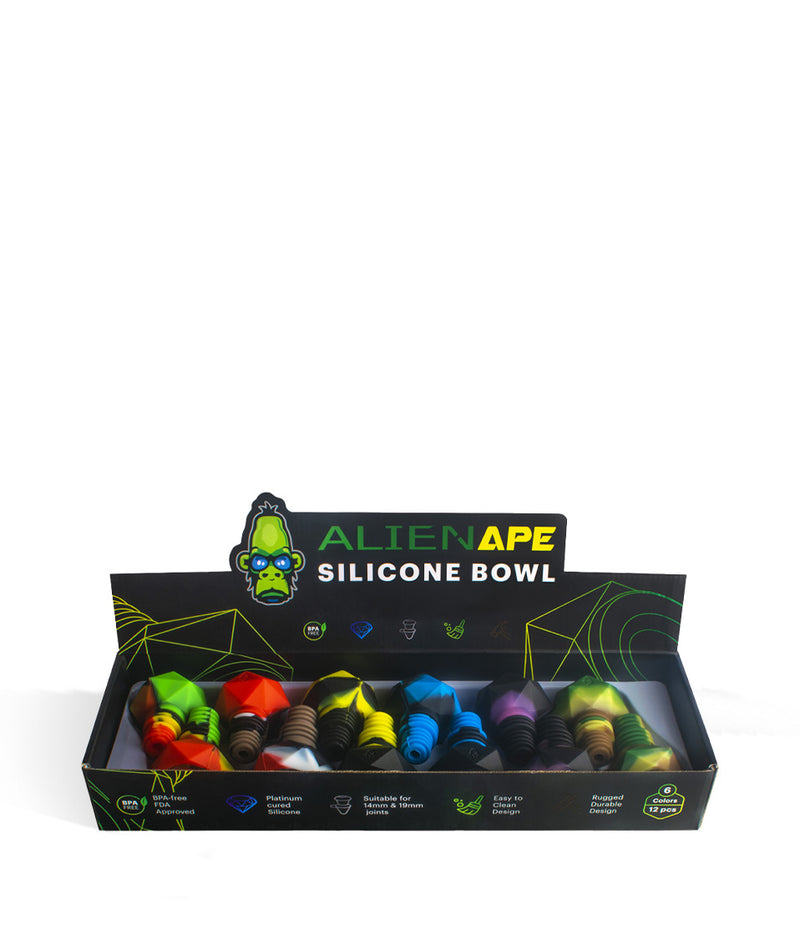 Package open Alien Ape Silicone Bowl with Glass Insert 14mm/18mm 12pk on white background