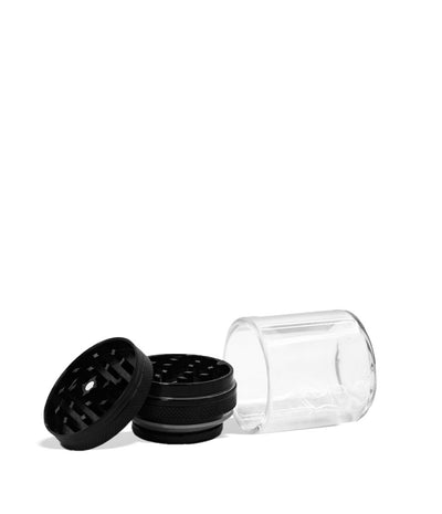 Black Aluminum Grinder with attached Glass Storage Jar 6pk Apart Front View on White Background