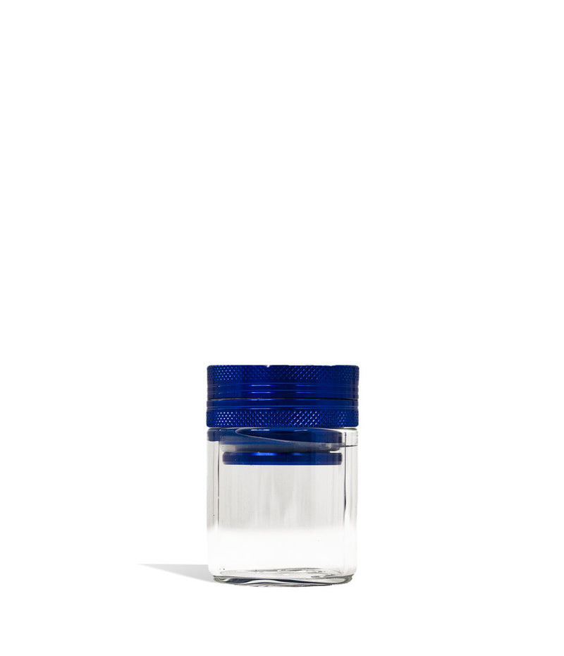 Blue Aluminum Grinder with attached Glass Storage Jar 6pk Front View on White Background
