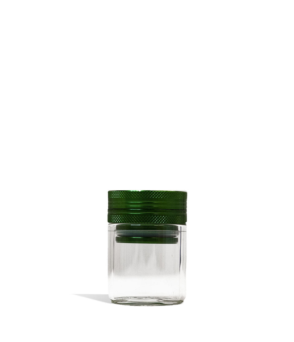Green Aluminum Grinder with attached Glass Storage Jar 6pk Front View on White Background