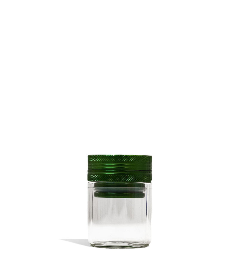 Green Aluminum Grinder with attached Glass Storage Jar 6pk Front View on White Background