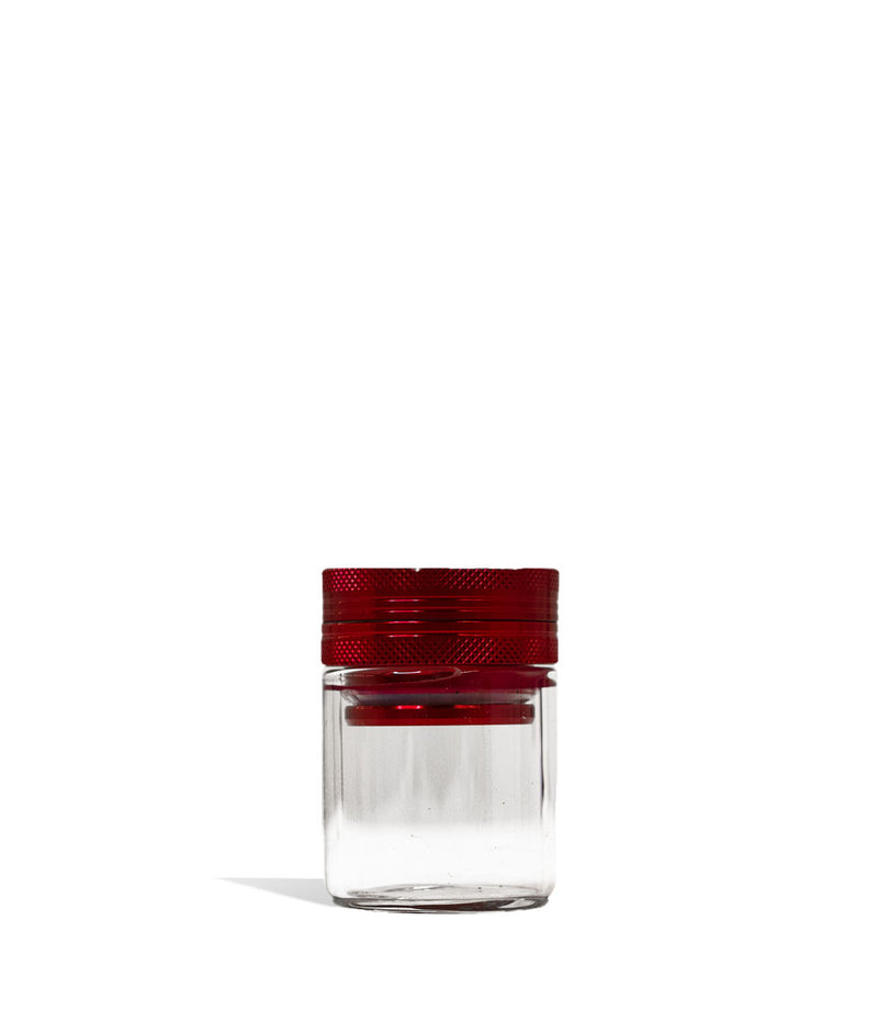 Red Aluminum Grinder with attached Glass Storage Jar 6pk Front View on White Background
