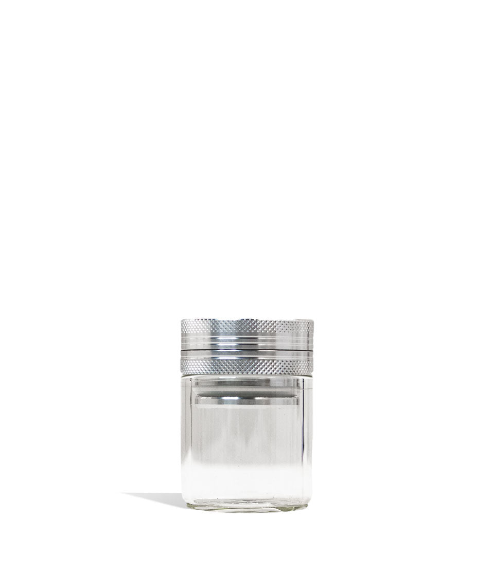 Silver Aluminum Grinder with attached Glass Storage Jar 6pk Front View on White Background