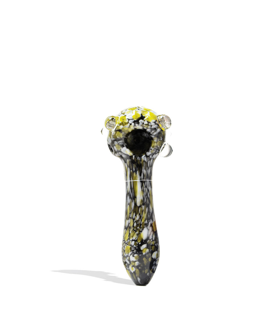 Black and yellow Empire Glassworks Assorted Psychedelic Spoon Handpipe 4pk on white background
