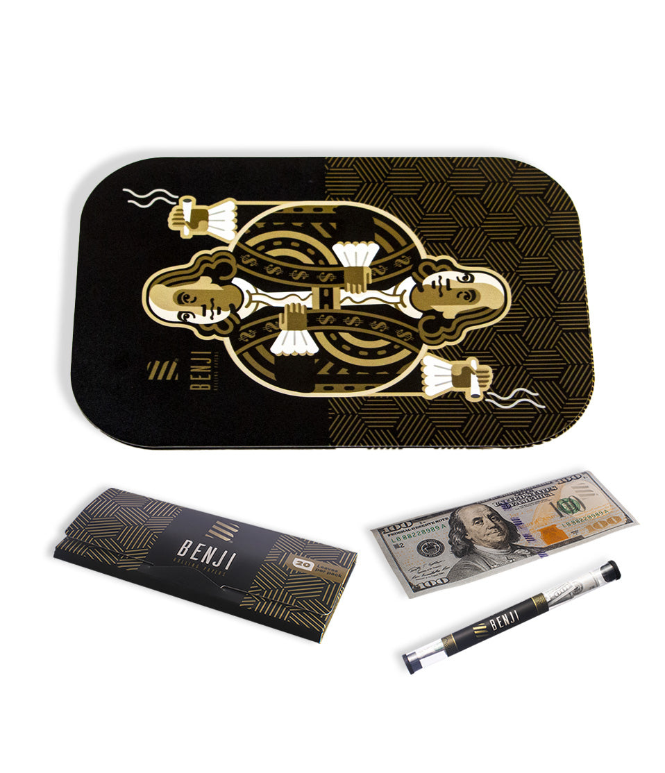 King Franklin Dark Benji OG Metal Rolling Tray with Magnetic Lid Kit on white background