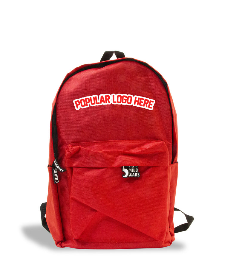 red popular logo here backpack on white studio background facing front