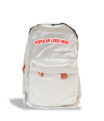 white popular logo here backpack on white studio background facing front