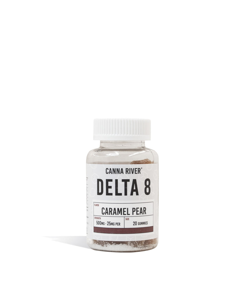 Caramel Pear Canna River 25mg D8 Gummies on white background