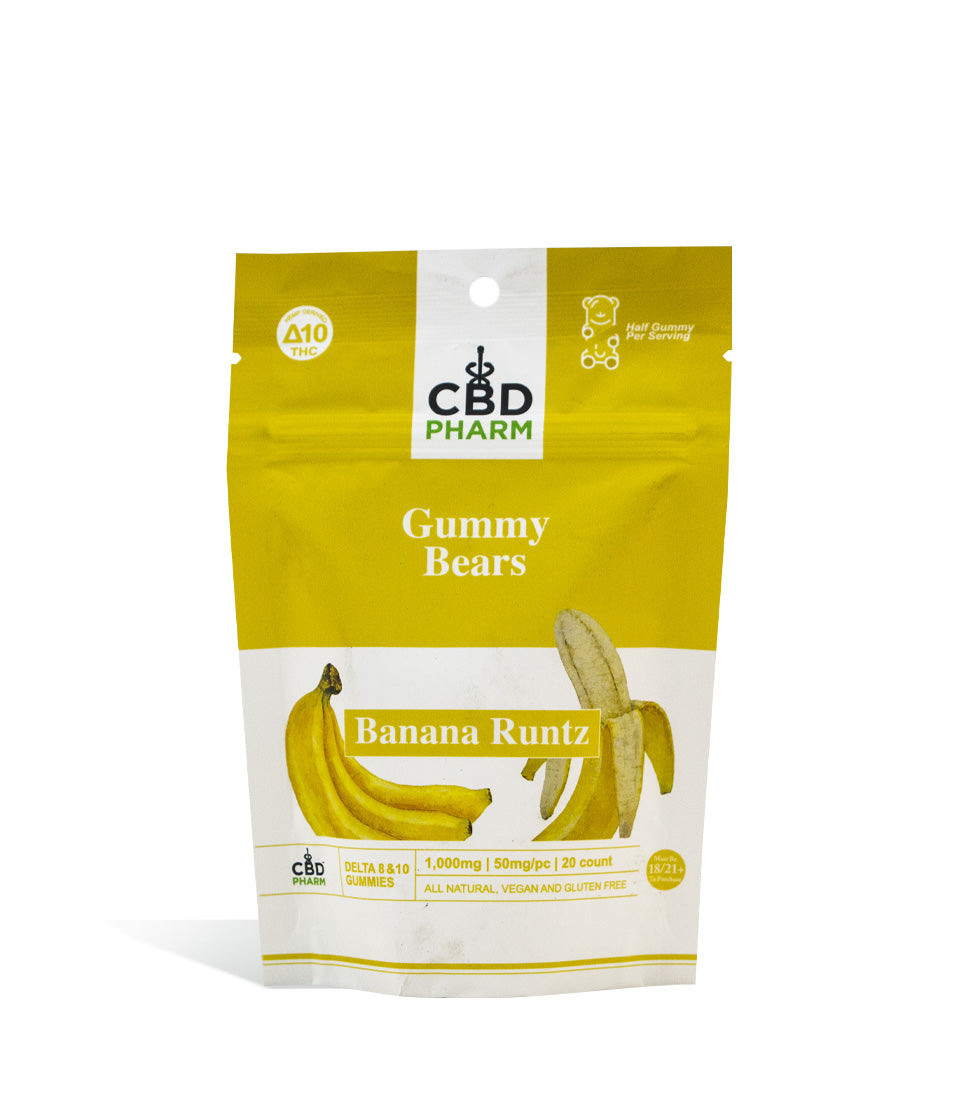 Banana Runtz CBD Pharm 1000mg D8 | D10 Gummies on white background