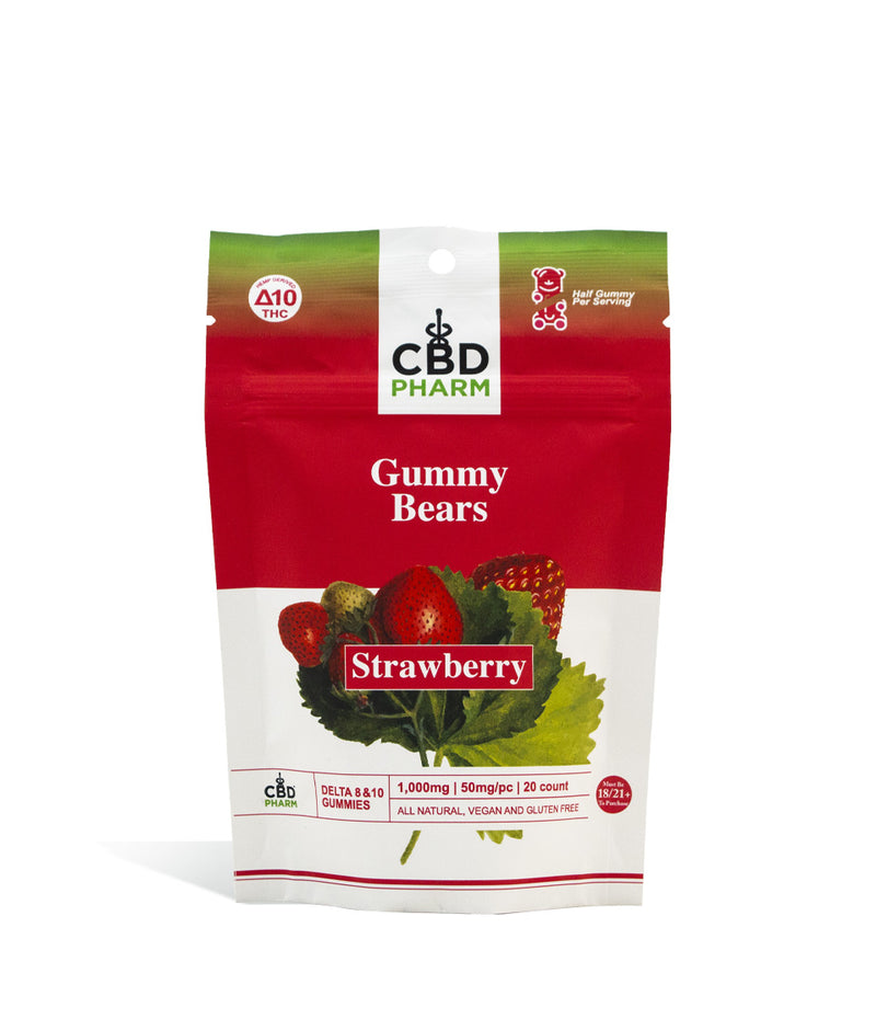 Strawberry CBD Pharm 1000mg D8 | D10 Gummies on white background