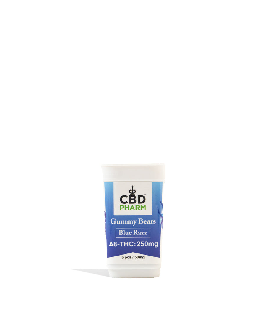 Blue Razz CBD Pharm 250mg D8 Gummies on white background