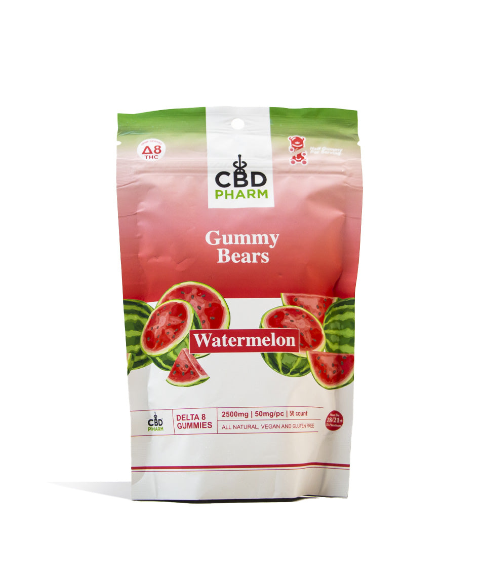 Watermelon CBD Pharm 2500mg D8 Gummies on white studio background