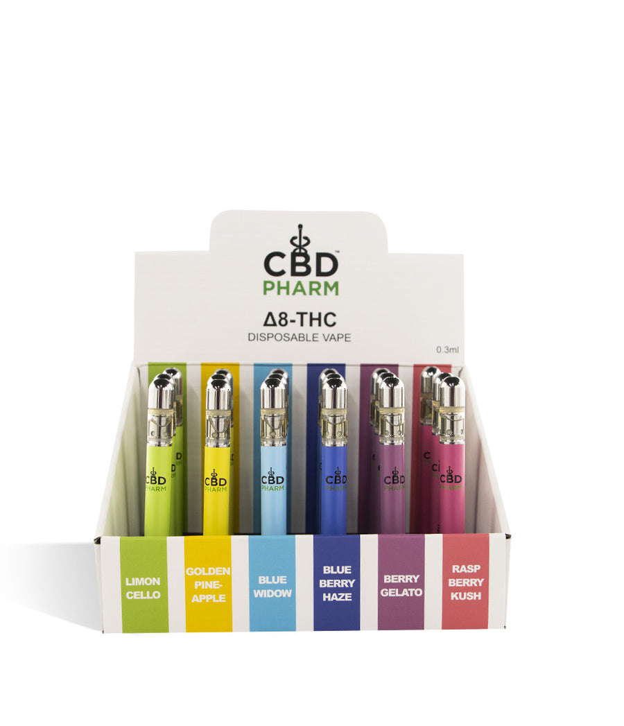 CBD Pharm .3g D8 Disposable 18pk on white background