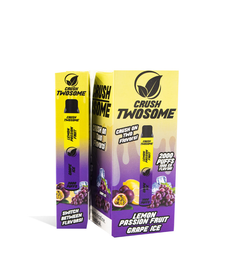 Lemon Passion Fruit/Grape Ice Crush Twosome Dual Flavored Disposable 10pk on white studio background
