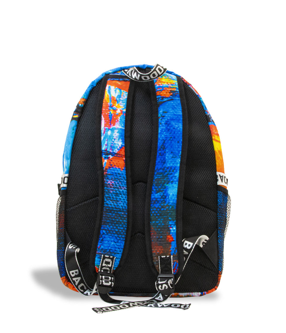 Custom Artwork BW Backpack textured back view on white studio background