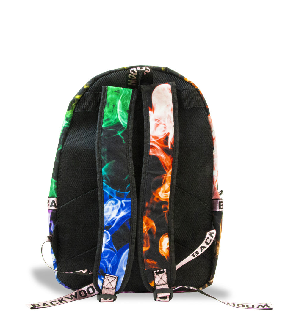 Custom Artwork BW Backpack Colored Smoke back view on white studio background