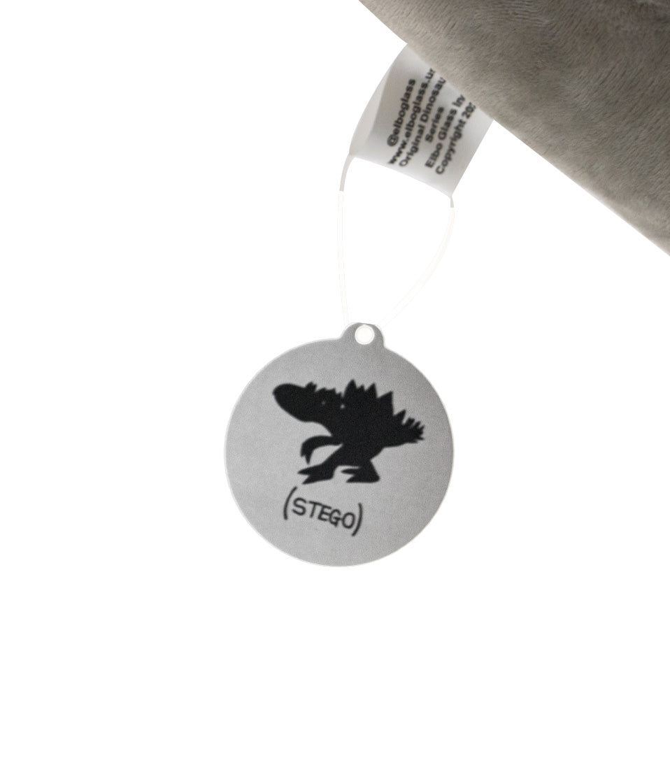 Elbo Glass Grey Steggo Plush Figure Tag View on White Background