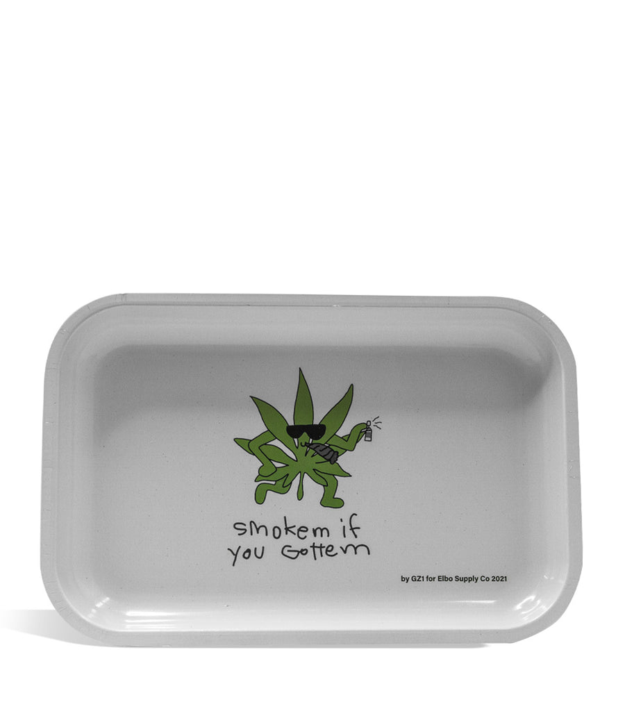 Elbo Glass Smoke em' Leaf Metal Rolling Tray large on white background