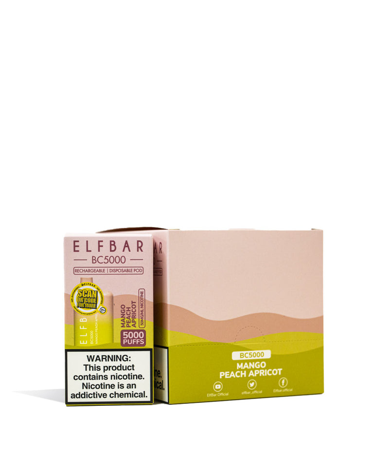 Mango Peach Apricot Elf Bar BC5000 Disposable 10pk on white studio background