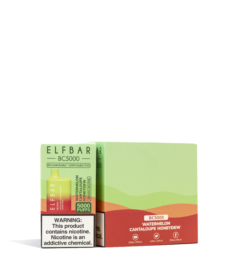 Watermelon Cantaloupe Honeydew Elf Bar BC5000 Disposable 10pk on white studio background