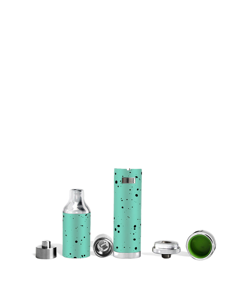 Teal Black Spatter apart Wulf Mods Evolve Plus Concentrate Vaporizer on white studio background
