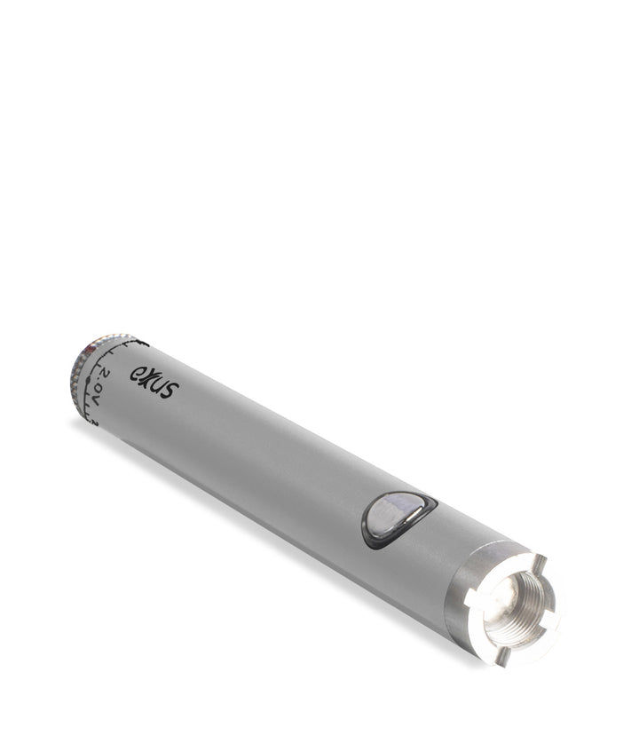 Silver laying down Exxus Vape Twistr Cartridge Vaporizer on white studio background