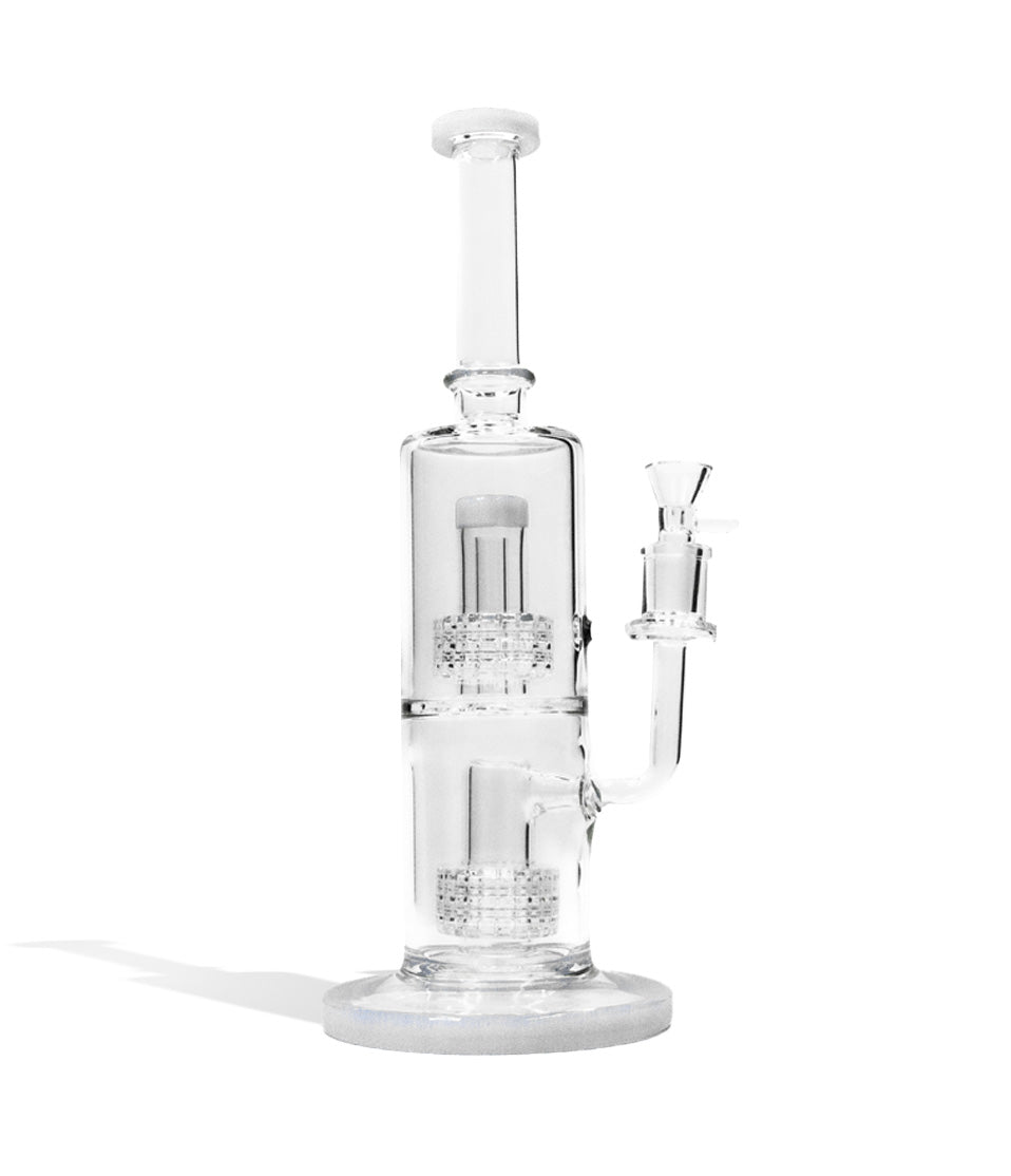 White front view 10 Inch Water Pipe with Double Showerhead Perc and 14mm Funnel Bowl on white studio background