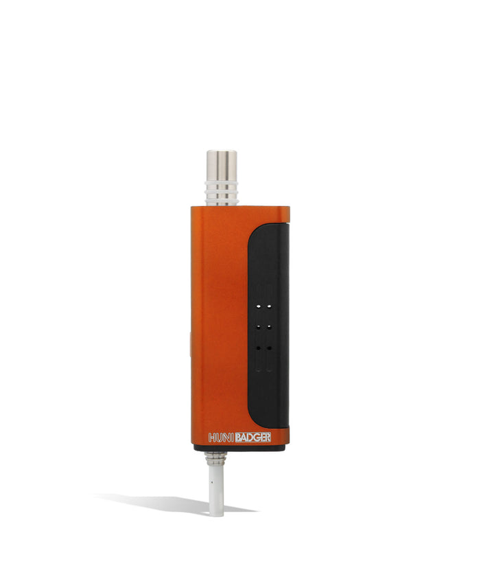 Orange opened Huni Badger Portable Electronic Vertical Vaporizer on white studio background