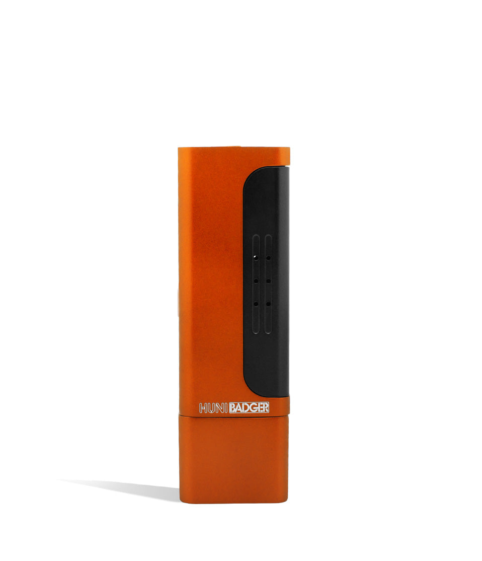 Orange front view Huni Badger Portable Electronic Vertical Vaporizer on white studio background