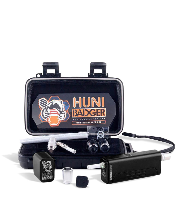 Black kit Huni Badger Portable Electronic Vertical Vaporizer on white studio background