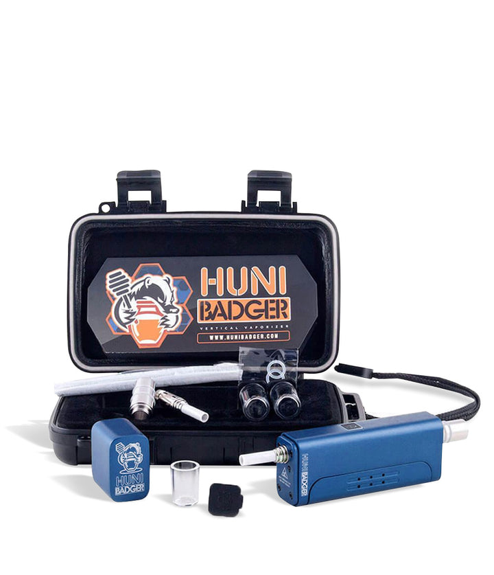 Blue kit Huni Badger Portable Electronic Vertical Vaporizer on white studio background