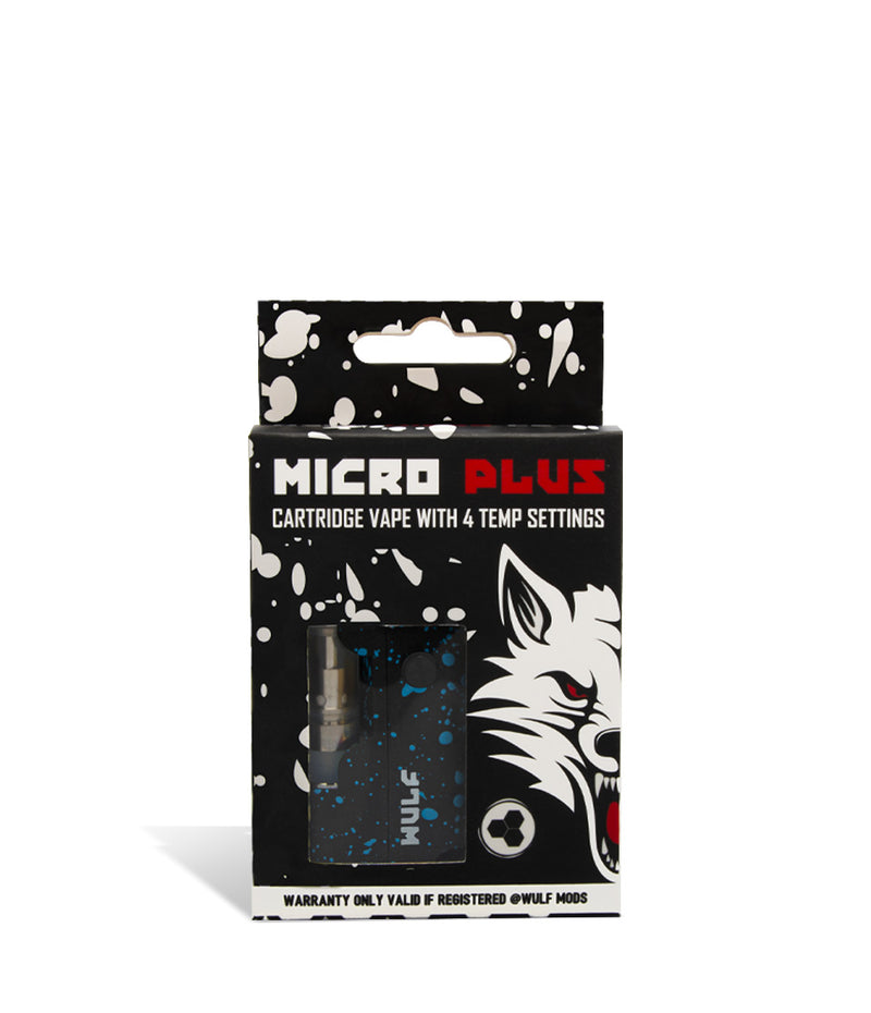 Black Blue Spatter packaging Wulf Mods Micro Plus Cartridge Vaporizer on white background