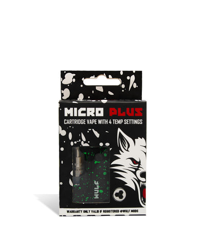 Black Green Spatter packaging Wulf Mods Micro Plus Cartridge Vaporizer on white background