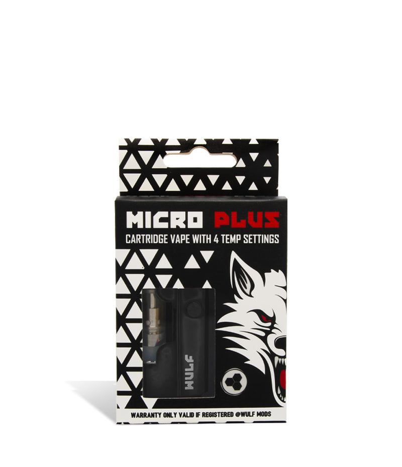 Black packaging Wulf Mods Micro Plus Cartridge Vaporizer on white background