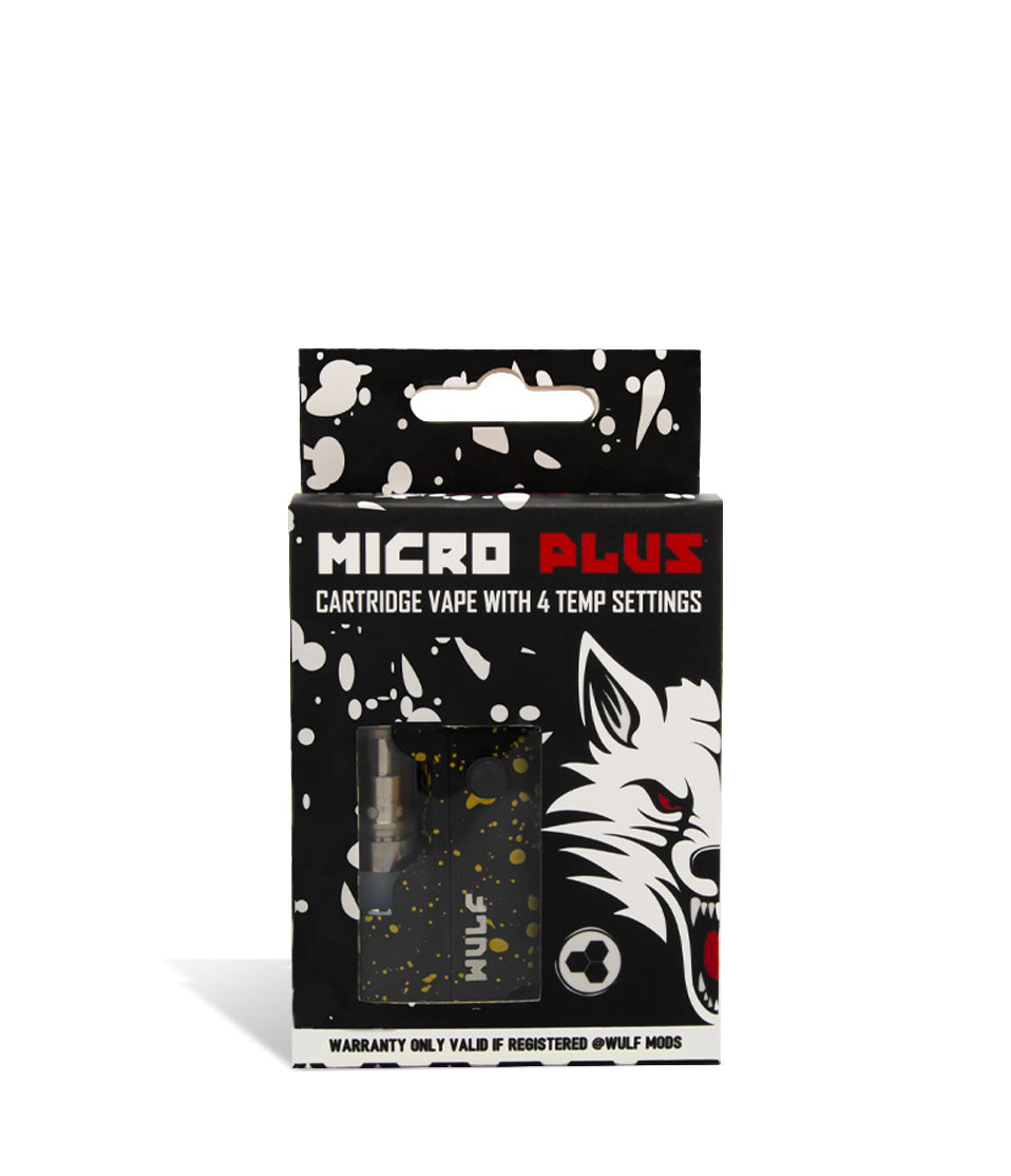 Black Yellow Spatter packaging Wulf Mods Micro Plus Cartridge Vaporizer on white background