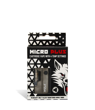 Gunmetal packaging Wulf Mods Micro Plus Cartridge Vaporizer on white background