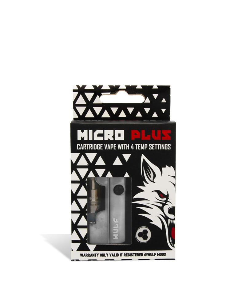 Silver packaging Wulf Mods Micro Plus Cartridge Vaporizer on white background