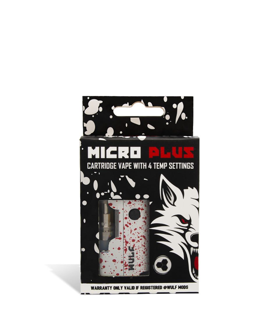 White Red Spatter packaging Wulf Mods Micro Plus Cartridge Vaporizer on white background