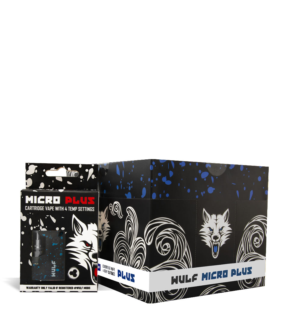Black Blue Spatter w/single pack Wulf Mods Micro Plus Cartridge Vaporizer 12pk on white background