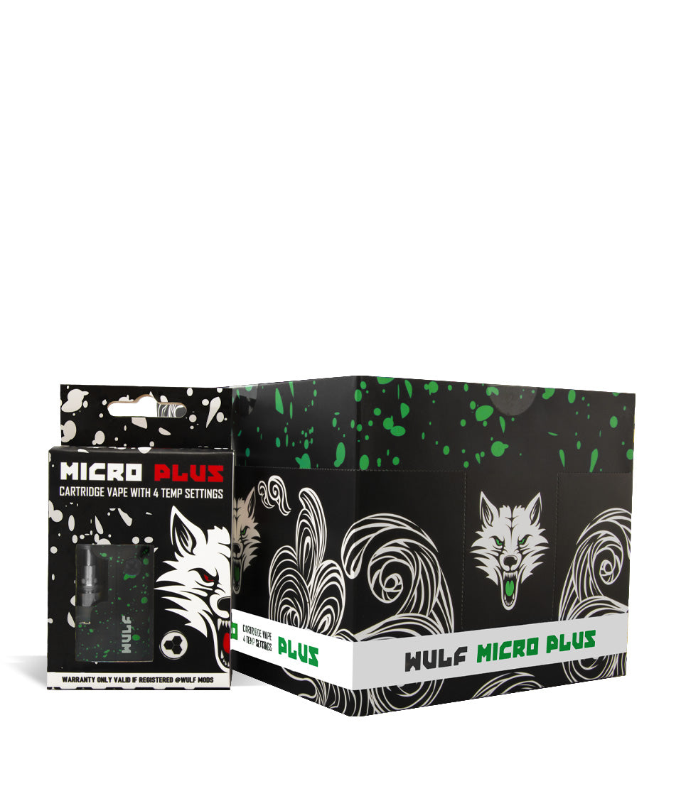 Black Green Spatter w/single pack Wulf Mods Micro Plus Cartridge Vaporizer 12pk on white background