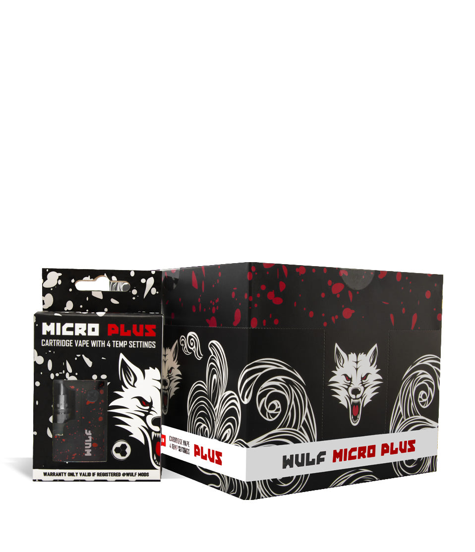 Black Red Spatter w/single pack Wulf Mods Micro Plus Cartridge Vaporizer 12pk on white background