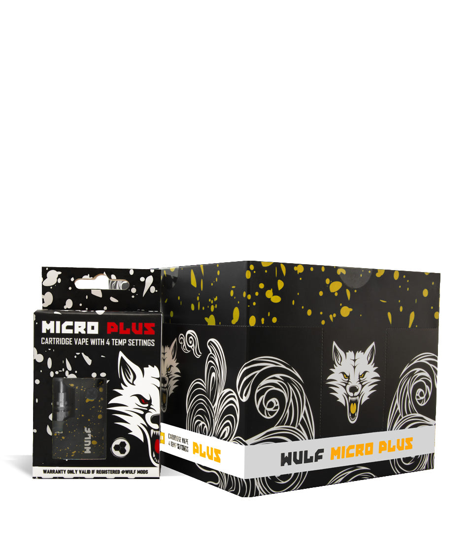 Black yellow Spatter w/single pack Wulf Mods Micro Plus Cartridge Vaporizer 12pk on white background