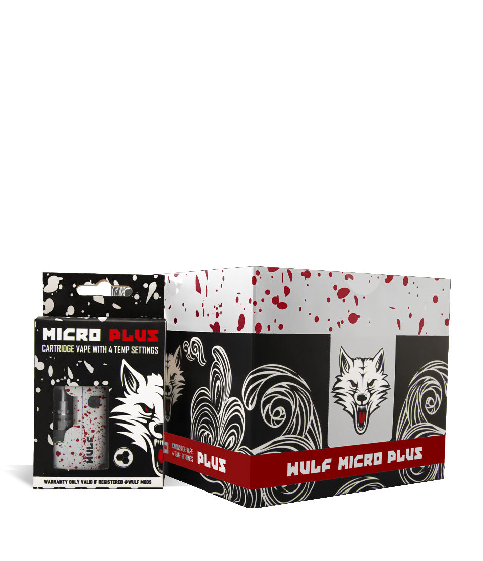 White Red Spatter w/single pack Wulf Mods Micro Plus Cartridge Vaporizer 12pk on white background