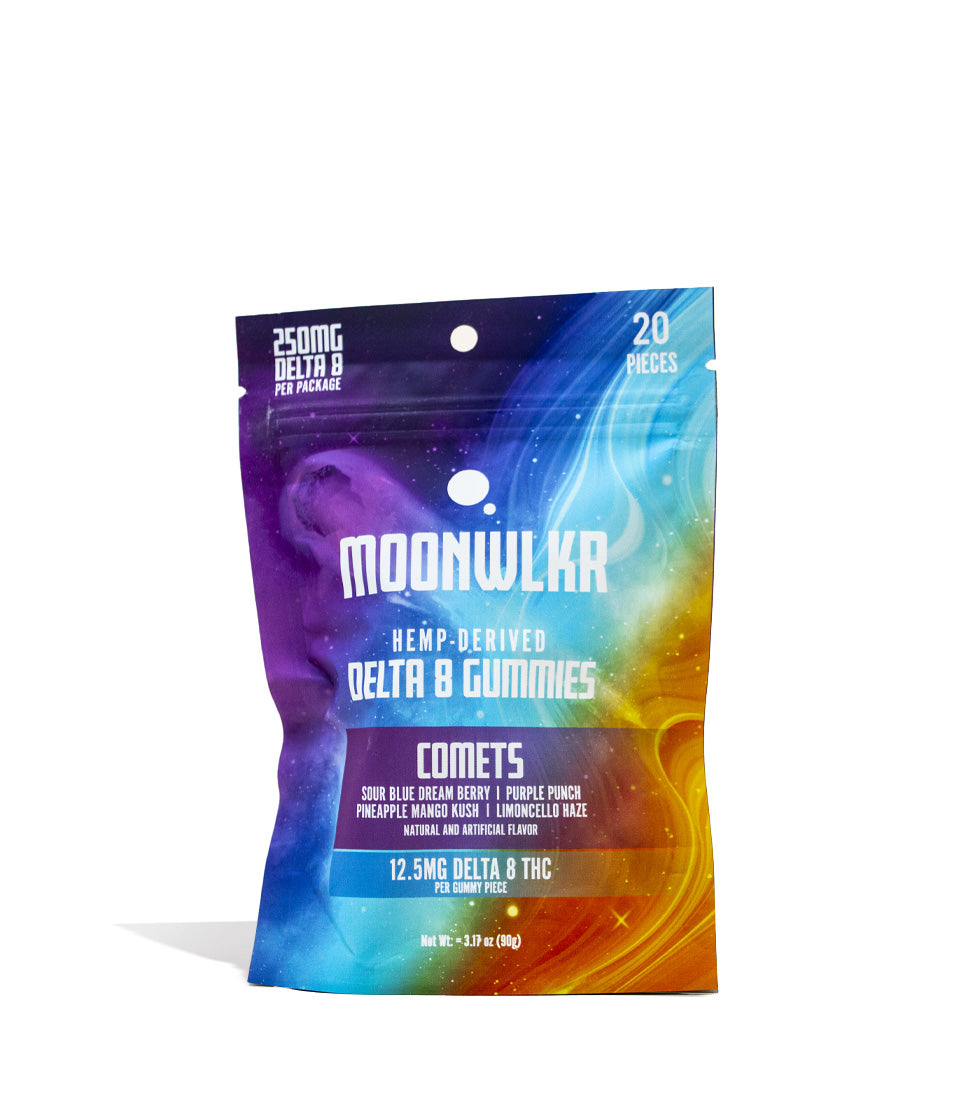 Comets 250mg MOONWLKR D8 CBD Gummies 20pk on white studio background